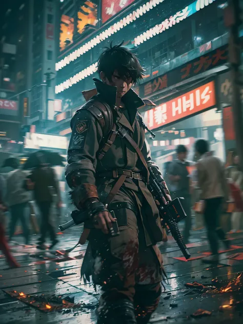 (high quality, 8k, 4K, high contrast, masterpiece: 1.2, 最high quality, best aesthetic), Shibuya crossing, post-apocalyptic, 1 man, focus, intense fight, fighting action pose, ((( Blur effect motion speed: 1.6))), destroyed Tokyo atmosphere, empty street sc...