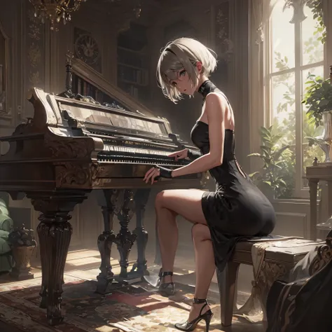 Solo ella 2B del Juego Nier Automata Sexy Tocando El Piano en una casa Vintage