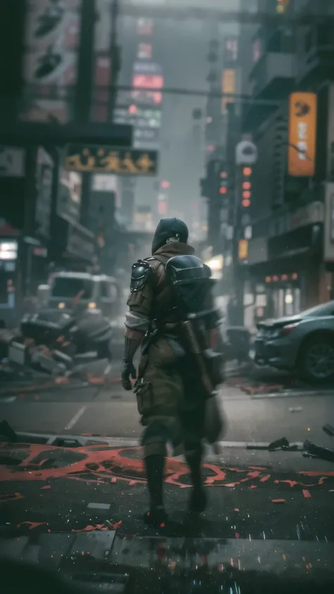 (high quality, 8k, 4K, high contrast, masterpiece: 1.2, 最high quality, best aesthetic), Shibuya crossing, post-apocalyptic, 1 man, focus, intense fight, fighting action pose, ((( Blur effect motion speed: 1.6))), destroyed Tokyo atmosphere, empty street sc...