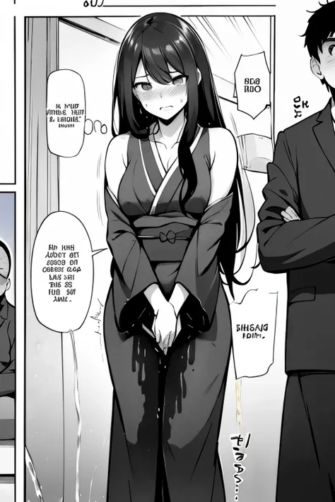 A woman with very long (black hair:1.5), wearing a floral-print kimono, stands in a (monochrome:1.25) setting. The artwork is inspired by manga and incorporates a doujin style. The woman appears to be (wetting herself:1.5), which causes her to feel embarra...