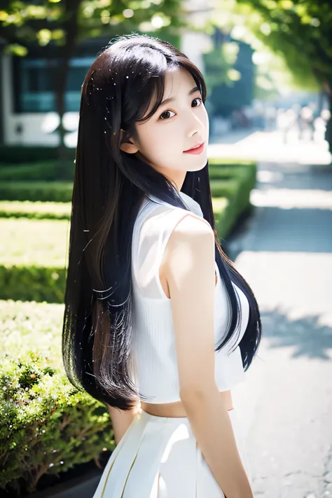 Skinny Japanese lady, 25 years old, masterpiece, Flat color, Depth of Field, lens flare, 1 girl,Very thin waist, Wearing a white blouse, White vest, Brown skirt, Delicate face, Delicate eyes，Sleek, thick long hair，Black and shiny，The shining luster flows i...