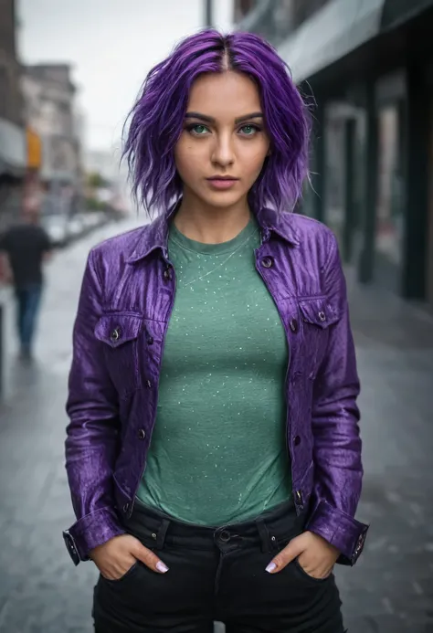 (three-quarter shot, camera SONY A7S III, len 18mm, f1.6.). Dynamic body pose, hands on pockets. woman, beauty, green hair, purple eyes, wearing trendy modern urban clothes. Pikles, perfect eyes, sparking purple eyes, perfecteyes, detailed skin, intricate ...