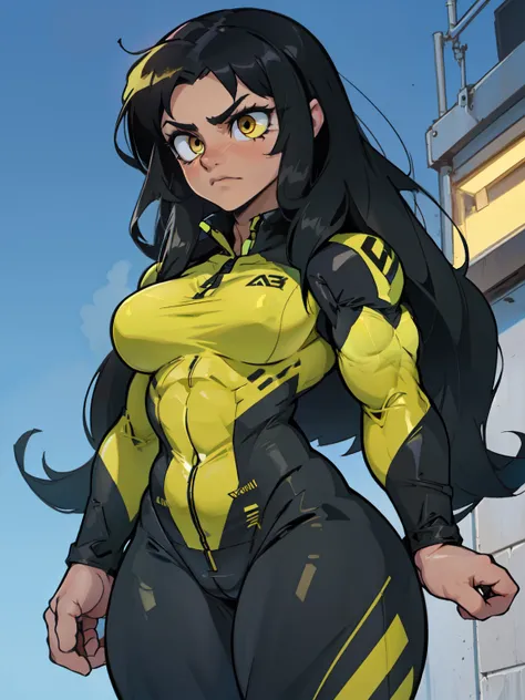 ((((muscular 1girl)))) ((((thick toned body breasts)))) black hair yellow eyes very long hair sad skinsuit