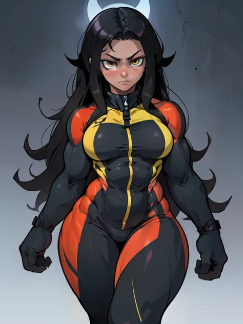 ((((muscular 1girl)))) ((((thick toned body breasts)))) black hair yellow eyes very long hair sad skinsuit