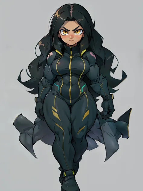 grey background ((((muscular 1girl)))) ((((thick toned body breasts)))) black hair yellow eyes very long hair sad skinsuit (((full body)))