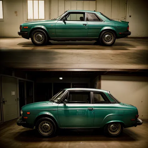 /imagine prompt: Audi 100 coupe 2 doors, 1977 orange color, fhotorrealism,(((Ghibli style))), Spirited Away, Howls Moving Castle, dreamy colour palette,