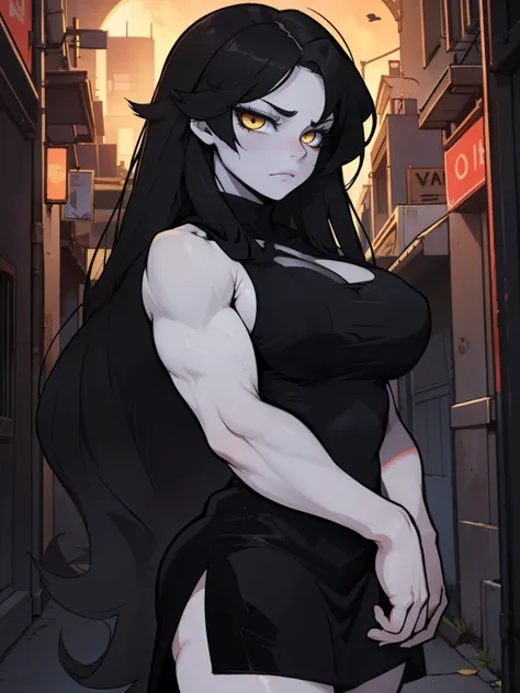 girl muscles huge breasts pale skin very long hair black hair yellow eyes sad expressionless solo black night dress black night dress