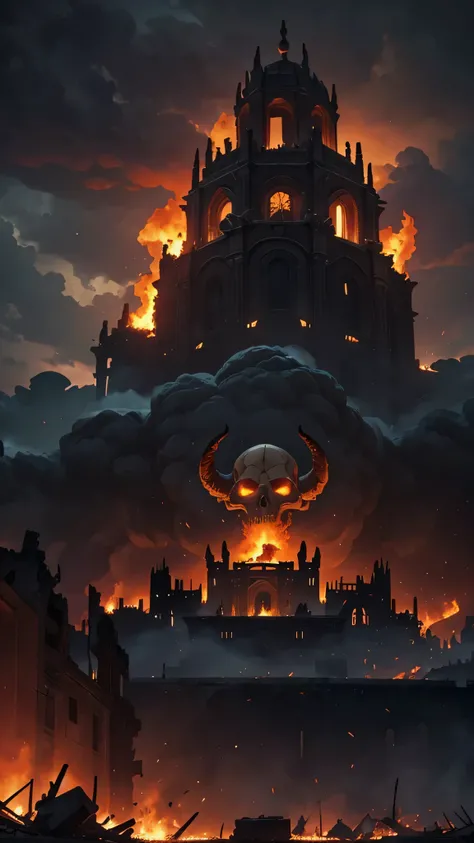 A big ((giant)) (flying demon) with a skulls head where flames coming out of its eyes is wiping out a medieval city, magic lightnings, magic storm, storm sky, apocalyptic, ruins, ashes, apocalypse, fire, the medieval city is looking small below the demon a...