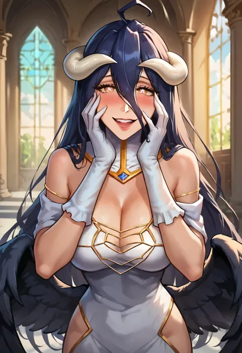 score_9, score_8_up, score_7_up, source_anime, rating_safe, 1girl, mature female, slim figure, Albedo (overlord), hands in own cheeks, (((heart shaped pink pupils))), zPDXL, blush, seductive smile, looking at viewer, white dress, hip vent, indoors, castle,...