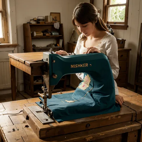 Young dressmaker sewing machine