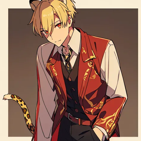 A half-leopard and half-human single male MAN, blonde hair, red crimson eyes, adorable face, cursive waistline, has ears and tail like a leopard. Clothes is like in a historical manhwa.