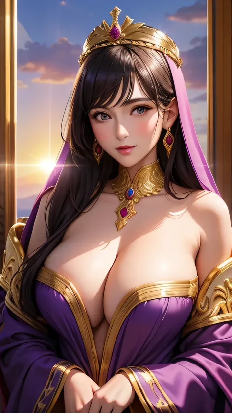 Best quality, 30 year old woman, byzantine empress, sunset, luxurious, sunny, bright, sexy upper body, purple robes, gold, cleavage, big breasts