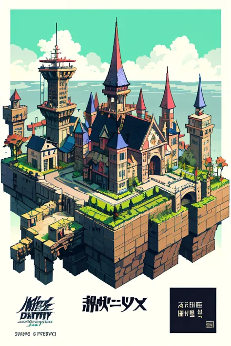 pixel, pixel art, poster fantasy world, city on the back of a giant, concept art