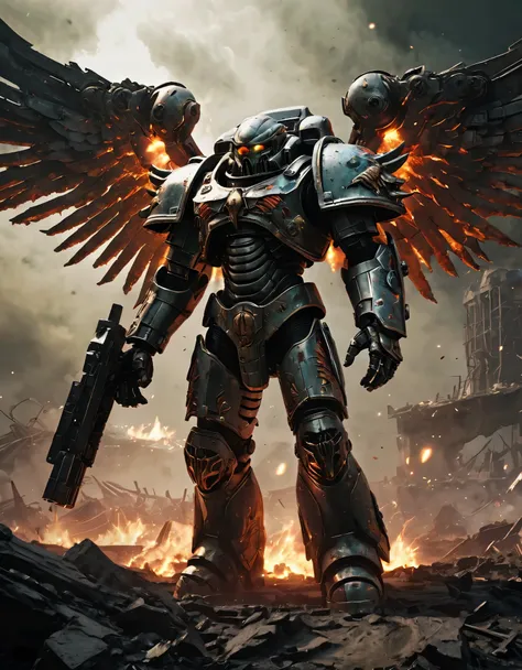 (best quality,4k,8k,highres,masterpiece:1.2),ultra-detailed,(realistic,photorealistic,photo-realistic:1.37),METATRON EPIC WARHAMMER SPACE MARINE HELL ANGEL,sci-fi,heavy armor,battle-worn,metallic textures,sharp blades,futuristic weaponry,glowing energy,com...