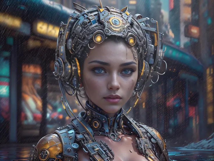 Unreal engine:1.4,UHD,Best quality:1.4, fotorrealist:1.4, skin texture:1.4, masterpiece:1.8,Mechanical girl of the future,Shiny metal,Brilliant robotic movements,ethereal,futuristic technology,Advanced artificial intelligence,Cityscape illuminated with neo...