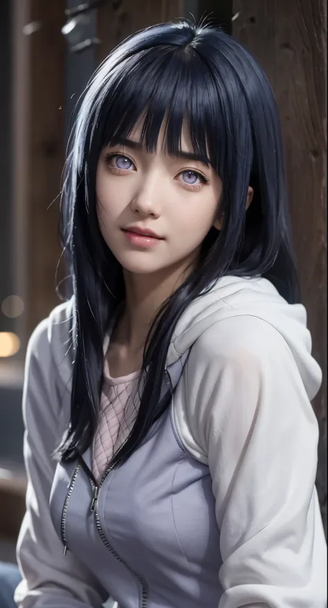 close up image of a person with long hair and a hoodie, hinata hyuga, hinata hyuga from naruto, from naruto, as an anime charact...