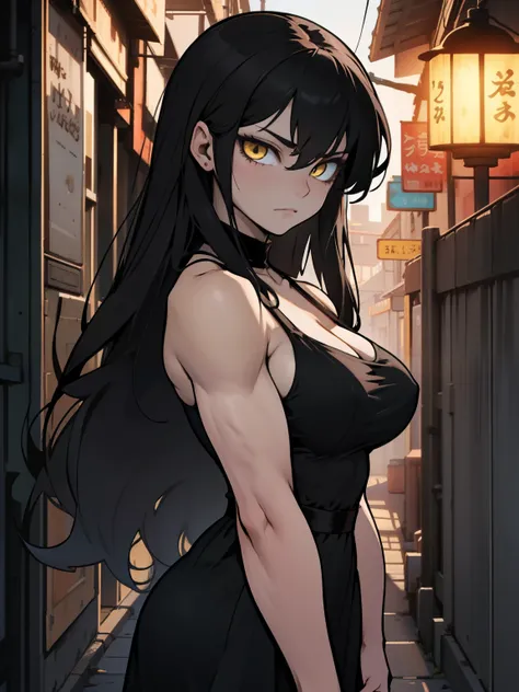 girl muscles huge breasts pale skin very long hair black hair yellow eyes sad expressionless solo black night dress black night ...