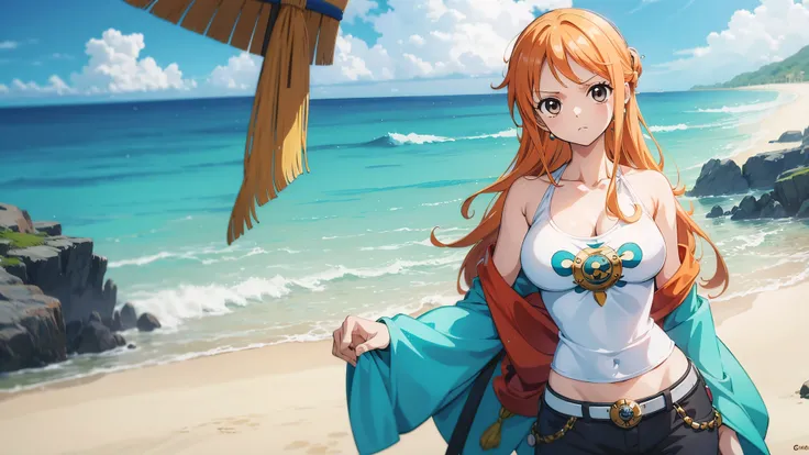 Gere uma imagem de alta resolucao no estilo anime de Nami de One Piece 1 unica garota.  (It is) ,Capture seu visual distinto com o cabelo laranja, Long throw, Curva AtlIt istica, mini camisa, (mini-saia), fundo praia