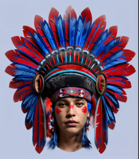 Apache headdress with blue and red feathers