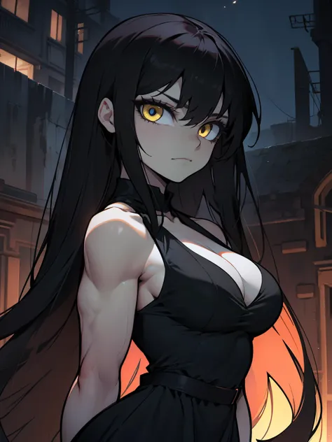 girl muscles huge breasts pale skin very long hair black hair yellow eyes sad expressionless solo black night dress black night dress