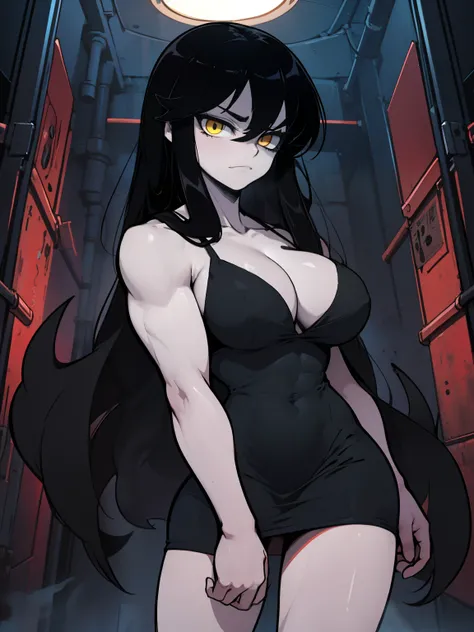 girl muscles huge breasts pale skin very long hair black hair yellow eyes sad expressionless solo black night dress black night dress