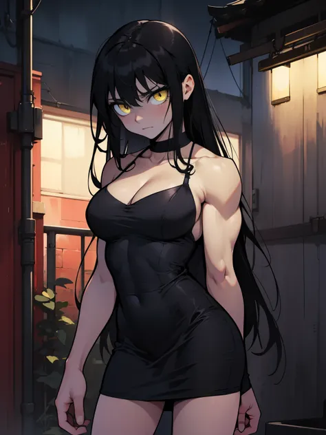 girl muscles huge breasts pale skin very long hair black hair yellow eyes sad expressionless solo black night dress black night dress