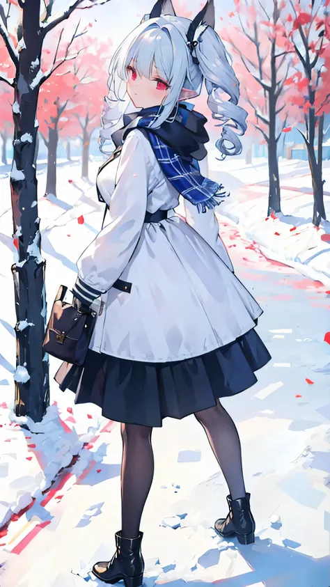 {highest quality}, {so beautiful}, {Very detailed}, {Best illustrations}, girl,garden, Silver Hair,((Twin Drill)),Huge breasts,Outdoor,((Embarrassing)),((Winter clothes )),winter,Snow Scene,,plaid scarf,,((white breathing)),full body,Duffle coat,(((vapor))...