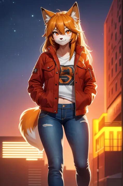 1 girl, (detailed fluffy fur), body skin, solo, fox ears, two-tone hair, (high quality), high resolution, detailed eyes, detailed shadows, red jacket (high quality), high resolution (digital painting), (8k), (tail: 1.1), city buildings, skyline, (hand in p...