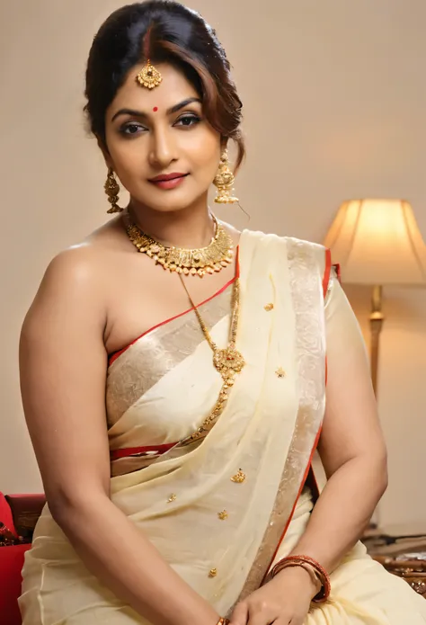 Looks like Indian Actress khushboo Sundar, actress khusbu Sundar, mallu, mallu aunty, desi aunty, full figured mature beauty, attractive figure, 50 years old, desi milf, desi aunty, a close up of a woman in a red dress in a bedroom, inspired by Avigdor Ari...