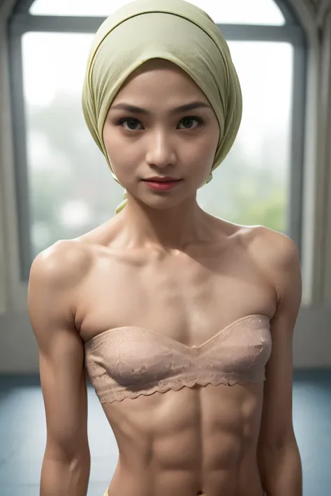 ((SHORT HIJAB)), ((Flat chest:1.7)), (dynamic photograph of a 58 year old Indonesian woman), (slim top, cotton panties), (straight non curly hair), (highly detailed face:1.4), (vascular muscles and abs:1.3), (background inside light, bright, private gym:1....