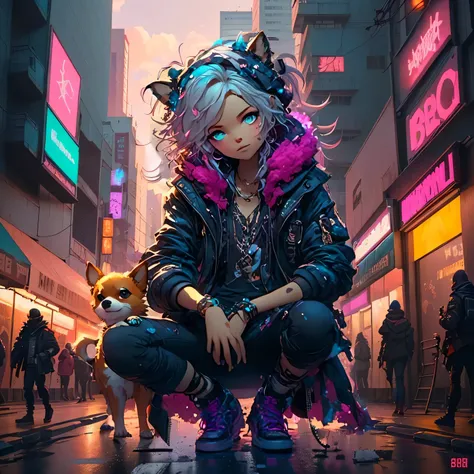 uma mulher de jaqueta preta e cabelo rosa sentada em uma rua com um cachorro, estilo de arte cyberpunk, digital arte de anime cyberpunk, obras de arte no estilo de guweiz, cyberpunk digital - arte de anime, arte cyberpunk de anime, Beeple e Jeremiah Ketner...