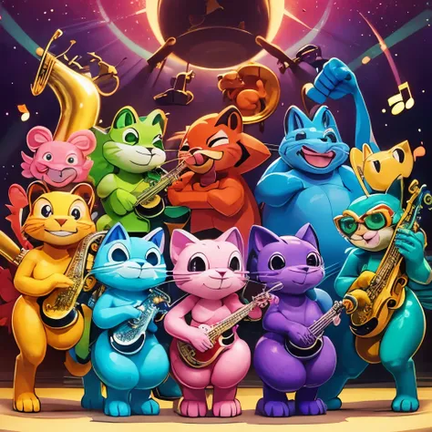 (Each animals play a different jazz instrument), blue cat playing trumpet and pink gyraf playing saxophone and green frog playing piano and purple falcon playing conga and red lion playing drum and brown monkey playing bass.