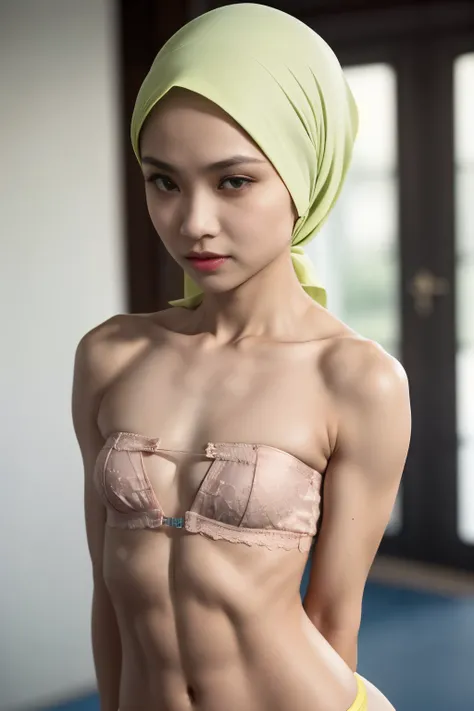 ((SHORT HIJAB)), ((Flat chest:1.7)), (dynamic photograph of a 58 year old Indonesian woman), (slim top, cotton panties), (straight non curly hair), (highly detailed face:1.4), (vascular muscles and abs:1.3), (background inside light, bright, private gym:1....