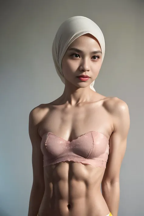 ((SHORT HIJAB)), ((Flat chest:1.7)), (dynamic photograph of a 58 year old Indonesian woman), (slim top, cotton panties), (straight non curly hair), (highly detailed face:1.4), (vascular muscles and abs:1.3), (background inside light, bright, private gym:1....