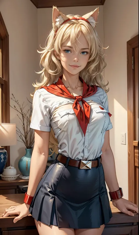 very young slim fit girl, full height, rounded face, (long curly disheveled blond hair:1.4), big blue eyes, shy smile, perfect medium breast, band on head with fake cat ears, monroe, pioneer neckerchief, short tight blue pleated skirt, bangs, tight white s...