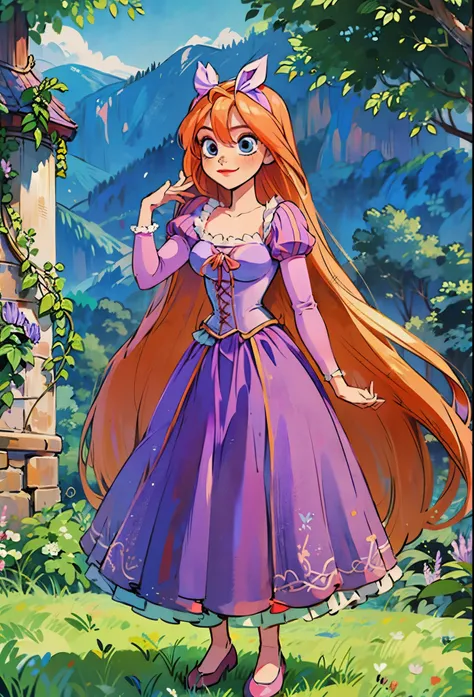 HAIR RIBBON, GREEN RIBBON , Fusion between Rapunzel from disney and Yotsuba Nakano, yotsuba nakano wearing rapunzels dress, long long orange hair, red hair, pink hair, orange hair, extremely long hair, bangs, hair between eyes, green ribbon on hair, hair r...