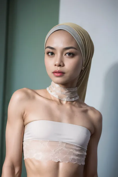 ((SHORT HIJAB)), ((Flat chest:1.7)), (dynamic photograph of a 58 year old Indonesian woman), (slim top, cotton panties), (straight non curly hair), (highly detailed face:1.4), (vascular muscles and abs:1.3), (background inside light, bright, private gym:1....