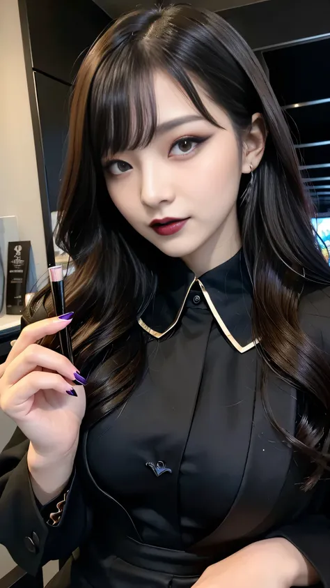 best quality、ultra-detailed、4k、Japanese、Seductive beauty、seductive adult woman、Pretty Woman、cool girl、Villainess、Brainwashed、brainwash、Fallen into evil、smirk、Evil look、Wicked Smile、evil、Brown hair、wavy hair、swept bangs、dark makeup、dark makeup、piercing eyes...