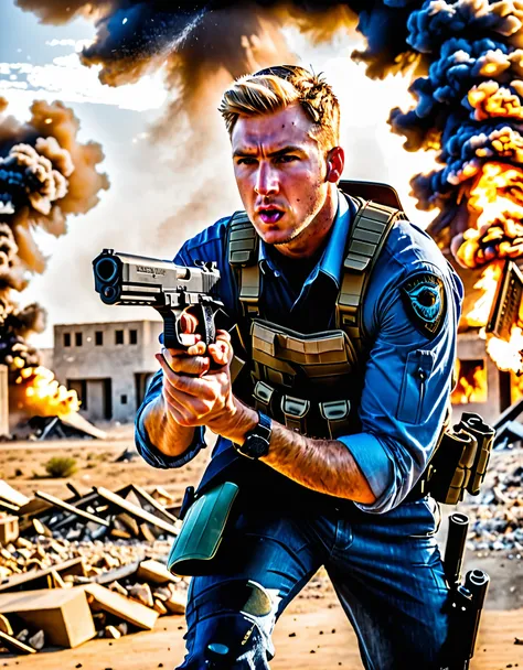 1man, late-twenties male, (shooter, smoking gun, muzzle flash), battle, blurry, blurry foreground, empty desert, (blonde hair, combed back hair), hazel eyes, (facial scar, scar on cheek), building, burning, cloud, cloudy sky, day, debris, depth of field, d...