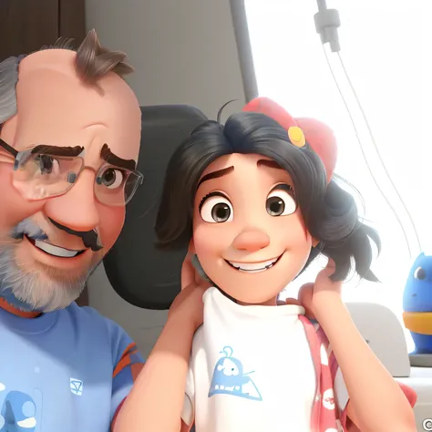 Imagem pixar em 3D de um homem moreno cabelo raspado, barba raspada, sorrindo, camiseta azul e uma  pixar de 5anos, branca, cabelo curto cacheado, sorridente