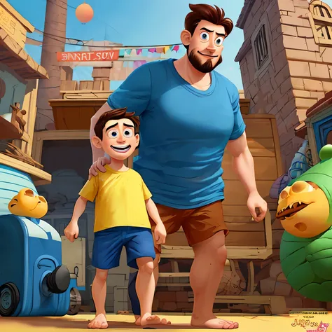 pixar style illustration, de un padre con su hijo