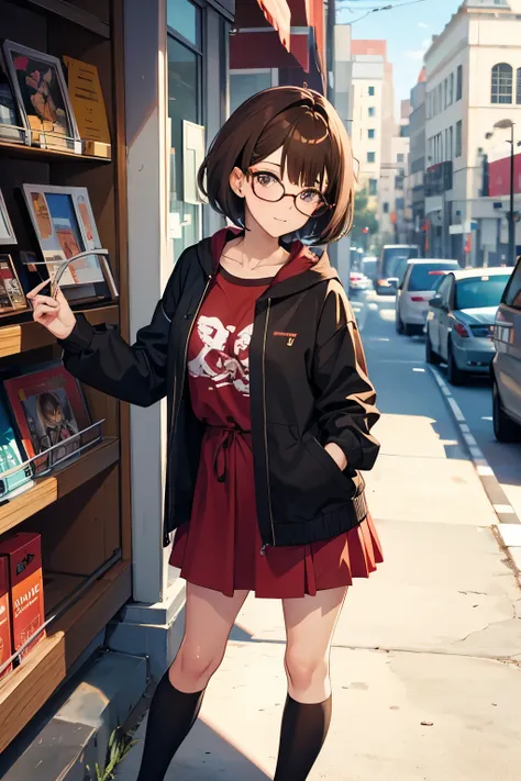 Anime gorl with short brown hair and glasses