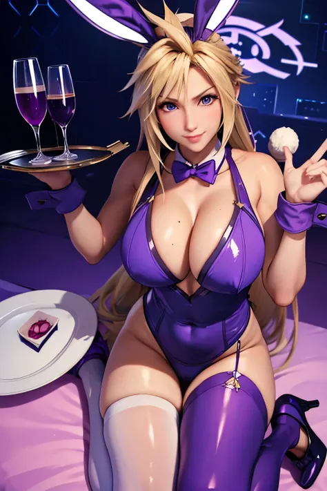 (high quelity), female cloud strife, long hair, purple bunny suit, white thight stockings, high heels, tray on a hand, sexy smil...