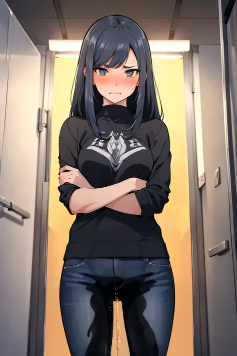 A woman with very long black hair and (very long bangs:1.5), wearing a stylish jacket and tight jeans, standing. The artwork is inspired by manga and incorporates a doujin style. The woman appears to be (wetting herself:1.5), which causes her to feel embar...