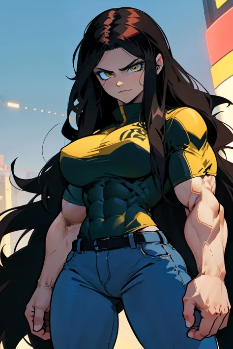 1 girl muscular pale skin muscular muscular muscular black hair yellow eyes huge breasts muscular muscular long hair long hair long hair long hair long hair huge breasts long hair long hair long hair long hair  muscular muscular tight shirt tight pants 