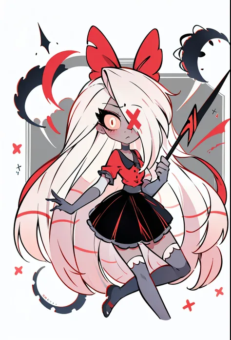 vaggie from hazbin hotel, 1 girl, solo, masterpiece, best quality, illustration, extremely long white hair, red ribbon on back o...