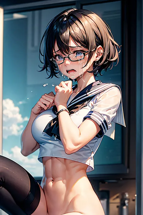 (1 female),(solo),(front),(Crying:1.8),BREAK,black short hair,(large breasts),(beautiful abs1.1),(thick muscular legs),(very slim body:1.4),BREAK,black glasses,BREAK,(short sleeved white sailor suit:1.4),(crop top:1.5),(naked lower body:1.6), BREAK,(black ...