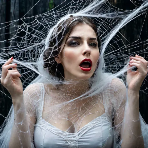 a woman entangled in the spiders web, cobweb