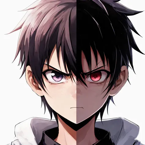 anime character facing the camera , half right face is angry and the  left half is scared  and weak , white background 