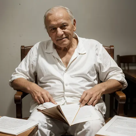 an old man in white clothes. sitting on a chair. writing on a white sheet on the table. Beside the man, a horrible demon with a dark smile is holding the mans hand while he writes.
